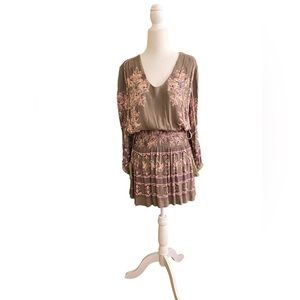 Free People Long Sleeve Dress XS Olive Green + Pink - Blousy top Boho Peasant